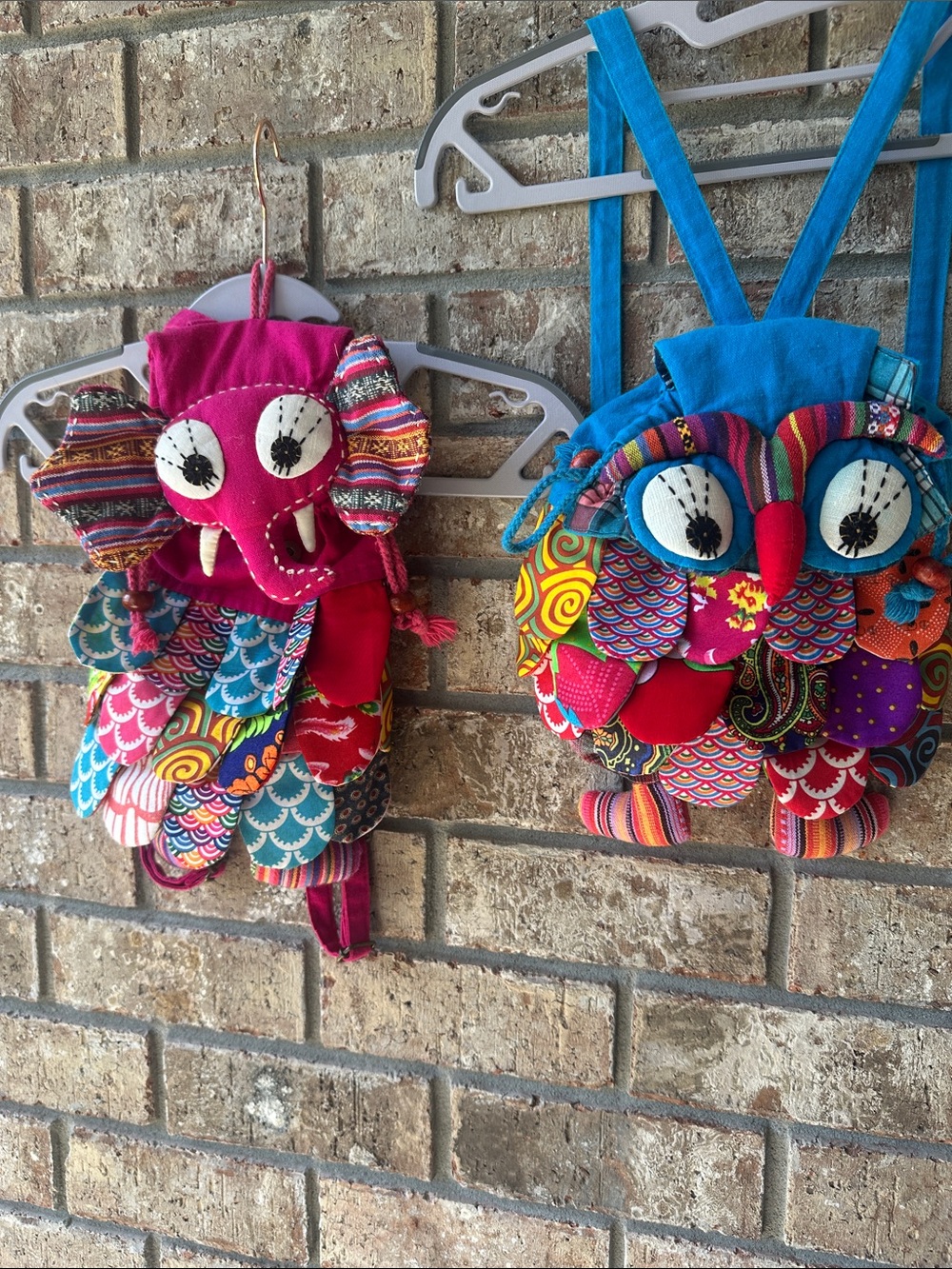 Handmade Kids Multicolor Animal Backpack - Pink & Blue elephant and owl.